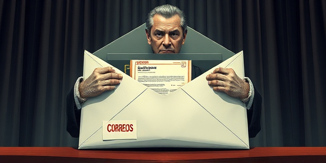 Una ilustración conceptual y satírica. Un sobre de carta gigante de Correos que actúa como un escudo protector frente a un juez. Dentro del sobre, se asoman fajos de billetes y un contrato con sellos oficiales. Estilo editorial de revista política, colores sobrios con toques de rojo y amarillo, sombras marcadas, atmósfera de despacho oscuro y corrupto.