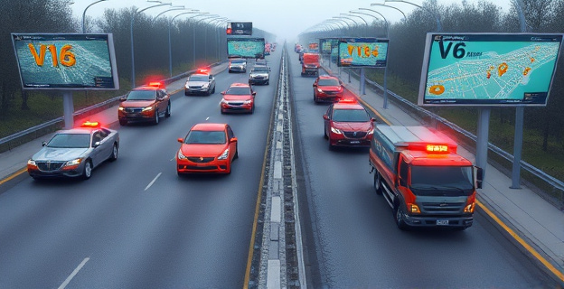 Una carretera con varios coches averiados y grúas pirata alrededor, mientras se ven pantallas de ordenador mostrando mapas con balizas V16 activas