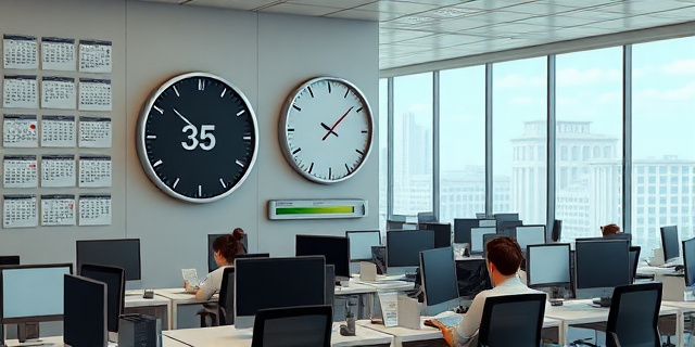 Escena de oficina gubernamental con una pared cubierta de calendarios, un gran reloj marcando 35 horas, empleados en escritorios con computadoras y papeles, y una barra de progreso que avanza, sin rostros visibles, con edificios administrativos al fondo