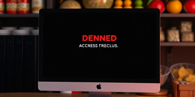 Una imagen de una pantalla de ordenador con un mensaje de error de acceso denegado, con un fondo de productos alimenticios españoles