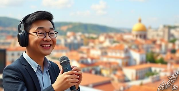 Un empresario chino sonriente mientras habla en un podcast sobre la fiscalidad española y su impacto en los emprendedores, con una ciudad española de fondo.