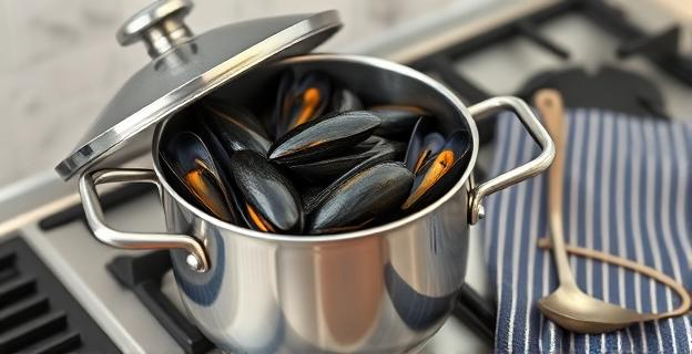Imagen de una cazuela con mejillones al vapor sobre una cocina de gas, con la tapa entreabierta y un delantal de cocina al lado con un cucharón