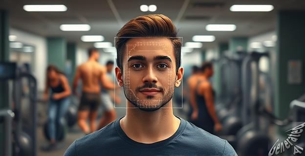 Una imagen de una persona frente a un lector de reconocimiento facial en un gimnasio, con un fondo de personas haciendo ejercicio.