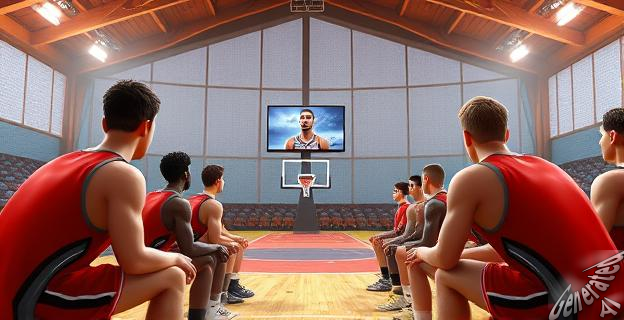 Un equipo de baloncesto masculino en un pabellón durante un partido, con una pantalla de televisión mostrando una entrevista a un jugador