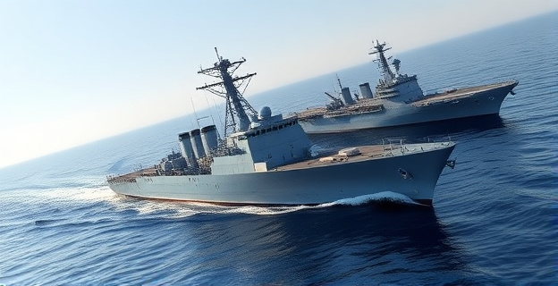 Imagen de una fragata naval en el mar Mediterráneo con un portaaviones al fondo, reflejando tensión y cooperación militar.