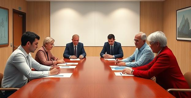 Una mesa de reunión con representantes sindicales y patronales firmando un acuerdo en una sala oficial de Baleares, con documentos y bolígrafos sobre la mesa