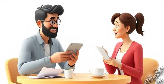 Un hombre y una mujer conversando por WhatsApp con una tableta y un teléfono en la mano, rodeados de papeles y una taza de café.