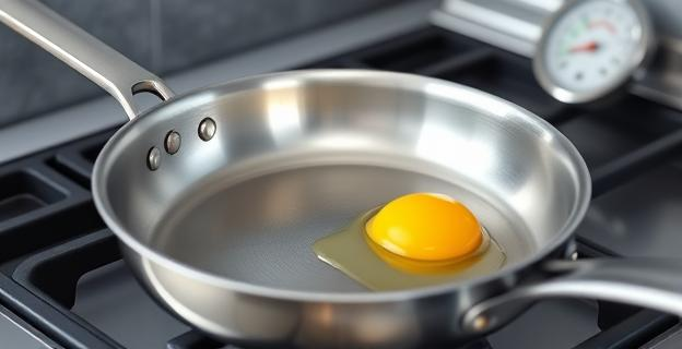 Una sartén de acero inoxidable sobre una cocina con una cucharadita de mantequilla clarificada derritiéndose, con un huevo al lado. Al fondo, un termómetro de cocina.