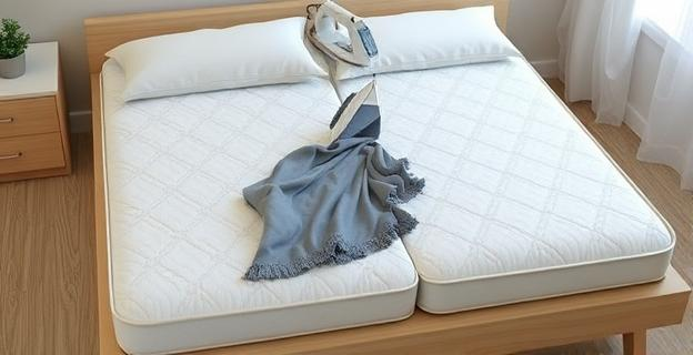 Imagen de un colchón limpio junto a uno sucio, con un trapo y una plancha en medio, en un dormitorio ordenado