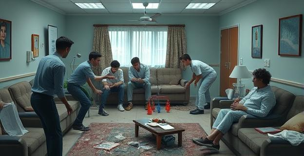 Un grupo de jóvenes en un centro de acogida rompiendo mobiliario y agrediendo a personal de seguridad. La escena muestra destrozos y personal médico atendiendo a heridos.