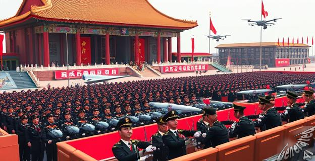 Un desfile militar en Pekín con una exhibición de armas avanzadas, incluyendo misiles y drones, mientras Xi Jinping y jefes de estado extranjeros observan desde una tribuna