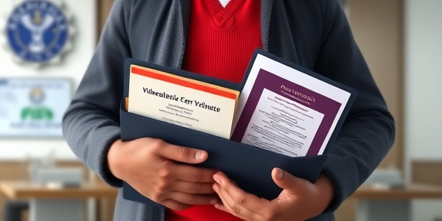 Una imagen de un inmigrante con una carpeta de documentos en la mano, con un fondo de una oficina de la Policía Nacional. En la carpeta, se puede ver un certificado de vulnerabilidad y un pasaporte.