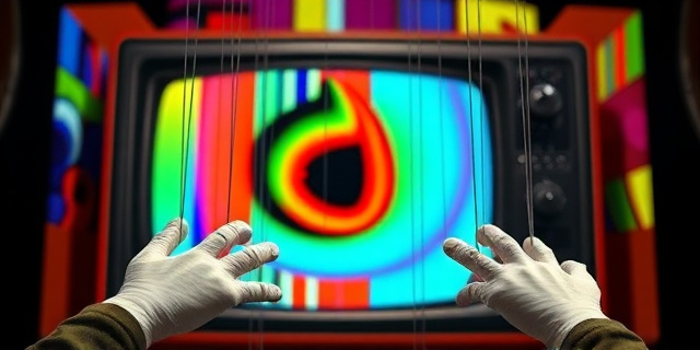 Una marioneta de televisión con múltiples cuerdas manipuladas por manos invisibles, con un fondo que simula un monitor de televisión distorsionado y con colores saturados. Estilo artístico: expresionismo abstracto.