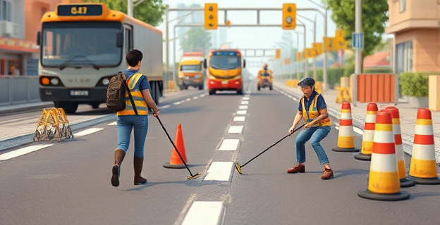 Una escena de dibujos animados con personajes femeninos y masculinos trabajando en la reparación de carreteras, con un contraste entre la representación estereotipada y la realidad de género en el sector de transportes