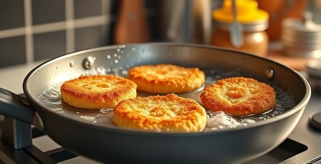 Imagen de una sartén con aceite caliente y filetes empanados siendo fritos, con un fondo de cocina y utensilios de cocina