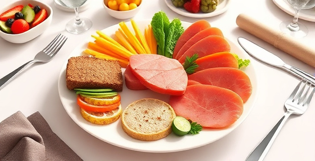 Imagen de un plato equilibrado con hidratos de carbono integrales, proteínas magras, verduras frescas y grasas saludables. Todo presentado de manera apetitosa y colorida en una mesa bien puesta, con cubiertos y servilletas de tela.