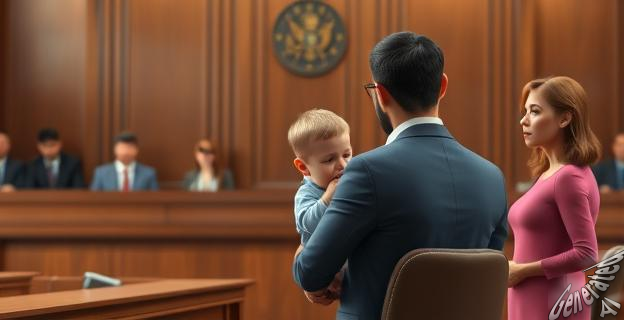 Una imagen de una familia en un juzgado con una jueza al frente, rodeada de abogados y con un niño pequeño en brazos de su padre, mientras la madre observa desde lejos con una expresión de tristeza.