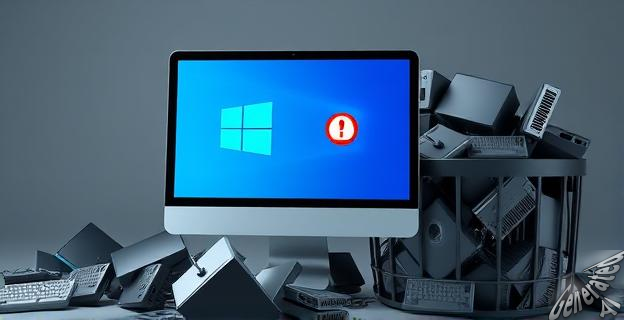 Un ordenador con una pantalla de Windows 10 rodeado de iconos de alerta de seguridad, con una papelera de reciclaje llena de ordenadores desechados al fondo.