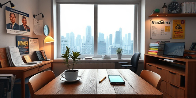 Una oficina con carteles de campaña política, un escritorio lleno de contratos y facturas, una ventana con vistas a la ciudad. En el centro, una mesa de madera con una taza de café, un móvil con notificaciones de redes sociales, y un fondo de luces que recuerdan a un escenario de teatro de barrio.