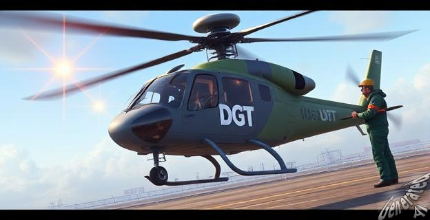 Una imagen de un helicóptero de la DGT en vuelo con un radar incorporado, con un piloto al mando y un mecánico revisando el aparato en tierra.