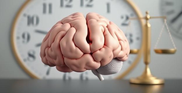 Imagen de un cerebro humano con un fondo que muestra un reloj y una balanza, simbolizando el equilibrio entre el tiempo de ayuno y la función cerebral.