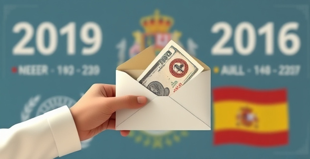 Una mano sosteniendo un sobre con dinero y un fondo con fechas y símbolos de la transición española