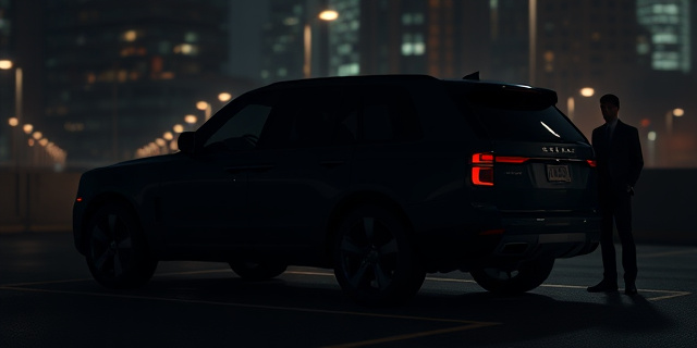 Un SUV de lujo estacionado en un aparcamiento oscuro, con una figura sombría al lado, fondo de ciudad tenue, estilo noir, sin rostros de personas reales visibles, atmósfera de misterio y tensión.