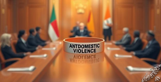 Imagen de una pulsera antimaltrato con un fondo de una reunión de autoridades judiciales y gubernamentales, reflejando la polémica y la preocupación por la seguridad de las víctimas de violencia de género.