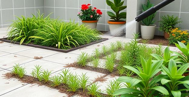 Imagen de un jardín con malas hierbas siendo eliminadas por una mezcla de vinagre blanco, sal y jabón aplicada con un pulverizador. El fondo muestra baldosas limpias y plantas ornamentales protegidas.