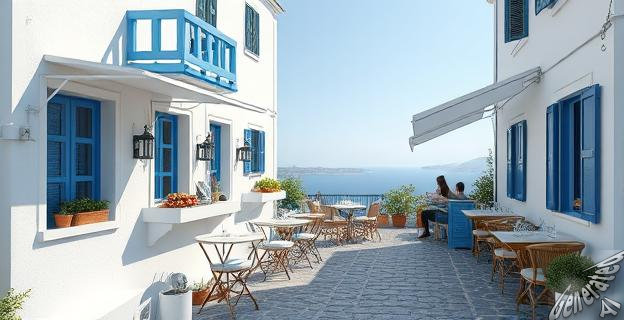 Un restaurante blanco y azul con vistas al mar, ubicado en una calle empedrada, con clientes disfrutando de comidas frescas y vistas impresionantes del Mediterráneo.
