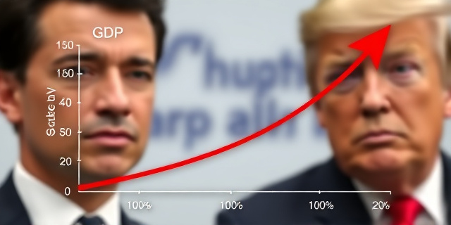 Un gráfico que muestra la relación entre la deuda pública y el PIB en España, con una línea roja que indica el umbral del 100% y una flecha que apunta hacia arriba, simbolizando el aumento de la deuda. Al fondo, una imagen borrosa de Pedro Sánchez y Donald Trump con expresiones serias.