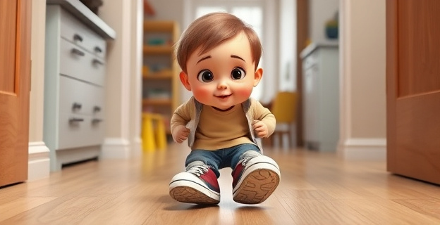 Un niño pequeño con zapatos grandes de adulto caminando por un pasillo, con una mezcla de curiosidad y determinación en su rostro, mientras el fondo muestra una casa familiar con juguetes y objetos cotidianos.