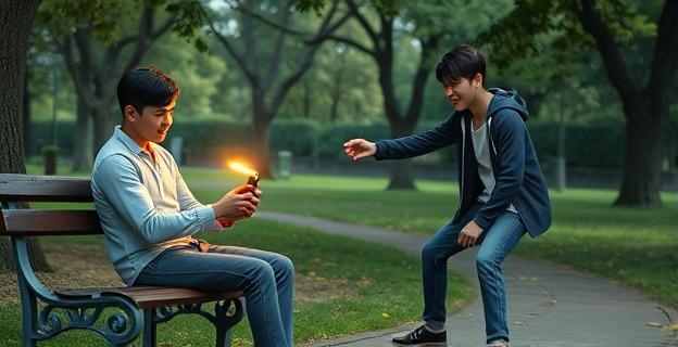 Un parque con un hombre sentado en un banco mientras dos adolescentes se ríen y manipulan un mechero cerca de su cabeza, con un ambiente tenso y de burla