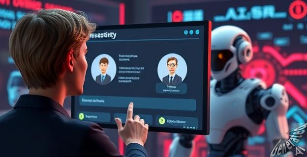 Una imagen de una persona interactuando con una pantalla que muestra una traducción en tiempo real de un idioma a otro, con un robot o una inteligencia artificial en el fondo.