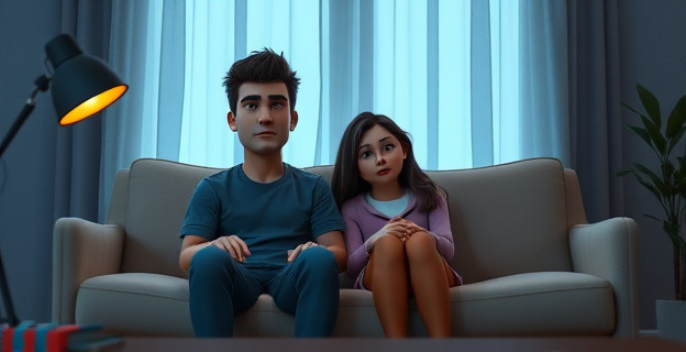 Una pareja sentada en un sofá, con expresiones de frustración y distancia emocional, rodeados de un ambiente tenso y silencioso.