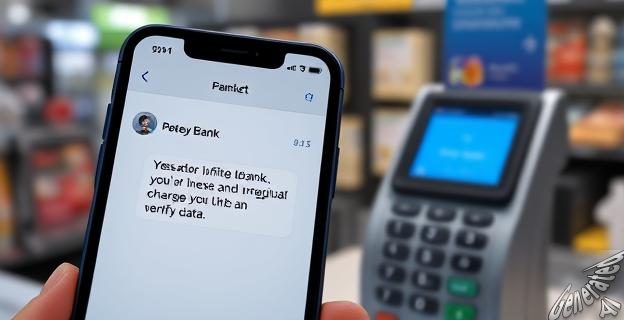 Una pantalla de móvil mostrando un mensaje de texto de un supuesto banco con una advertencia urgente sobre un cargo irregular y un enlace para verificar datos. Al fondo, una imagen borrosa de un datáfono en un local comercial.