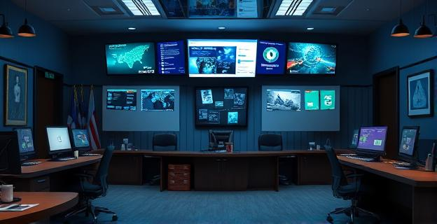 Oficina de la Fiscalía con pantallas mostrando datos y expedientes, con un ambiente de seriedad y preocupación