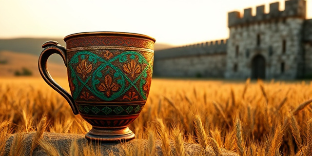 Una taza de cerámica antigua de tono bronceado, pintada con motivos vibrantes de rojo, verde, azul y turquesa, que muestra la silueta de una muralla romana. La escena se sitúa en un campo español rústico con trigo y una pared de piedra medieval, iluminada con luz tenue y cálida.