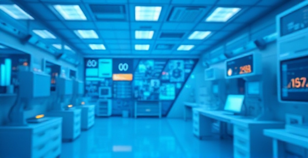 Una representación visual de un laboratorio digital con elementos de tecnología y datos fluyendo en el fondo, sin caras ni texto