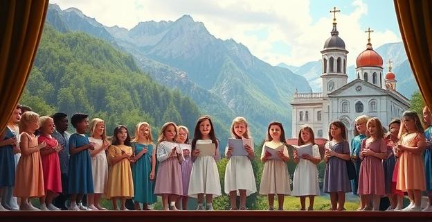 Imagen de un coro infantil cantando en un escenario con un fondo de montañas y un monasterio benedictino