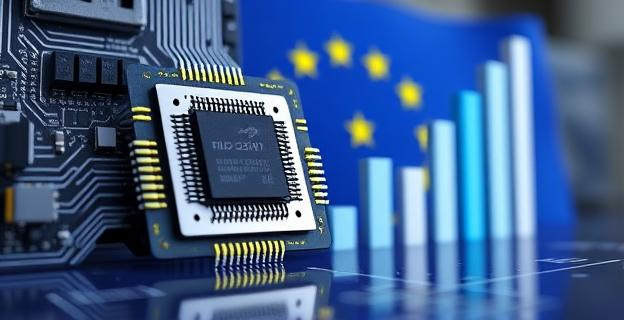 Una imagen de un microprocesador con fondo de la bandera de la Unión Europea y un gráfico de barras mostrando la cantidad de fondos asignados