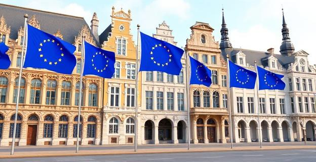 Edificios institucionales europeos en Bruselas con banderas de la UE ondeando, representando la diplomacia y la política europea
