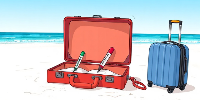 Una ilustración conceptual y satírica. Un maletín de oficina abierto sobre una arena de playa blanca, con un termómetro médico clavado en la arena y una maleta de viaje al lado. Estilo artístico de caricatura editorial moderna, colores vibrantes, contrastando el entorno laboral con el vacacional, sin personas visibles.