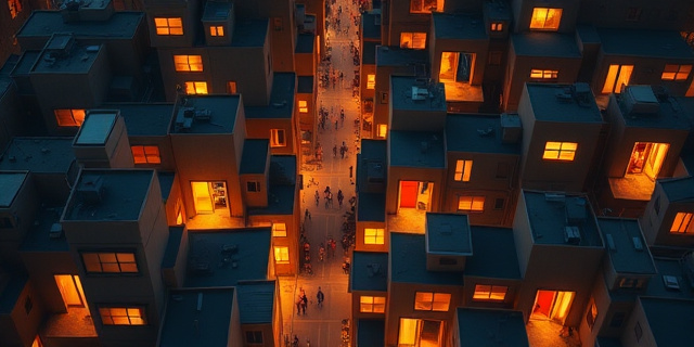 Una multitud de siluetas abstractas caminando hacia un horizonte brillante y difuso, simbolizando la inmigración. Colores cálidos y vibrantes contrastando con tonos grises y oscuros, representando la esperanza y la incertidumbre. Estilo pictórico, pinceladas expresivas.