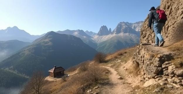 Una zona montañosa escarpada con cabañas y senderos, parte del Camino de Santiago, afectada por incendios forestales recientes