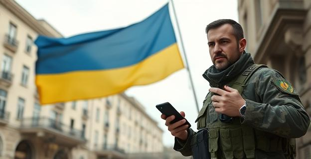 Imagen de un líder en tiempo de guerra, con ropa militar y un teléfono inteligente, en un entorno urbano con bandera ucraniana ondeando al fondo