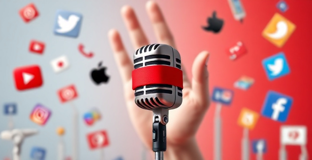 Una representación conceptual de un micrófono censurado con una mano gubernamental al fondo, rodeado de símbolos de redes sociales y un titular de noticia en el aire.