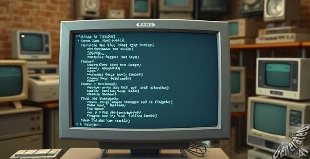 Una imagen de una pantalla de computadora con código de programación en BASIC, con un fondo de una habitación con dispositivos antiguos de los años 70 y 80