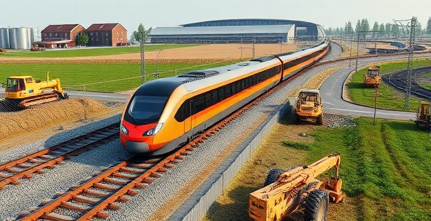 Una imagen que muestra una locomotora de alta velocidad sobre una vía férrea en construcción, con maquinaria pesada y trabajadores en el fondo, en un paisaje rural con fincas privadas y caminos de acceso complicados.