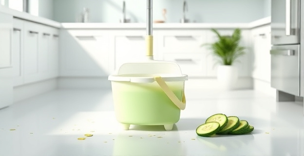 Imagen de una cocina limpia y luminosa con un cubo de fregona en el centro, conteniendo un líquido verde claro, representando el jugo de pepino. Alrededor, superficies brillantes y sin restos de comida. En un rincón, un pepino fresco cortado en rodajas.